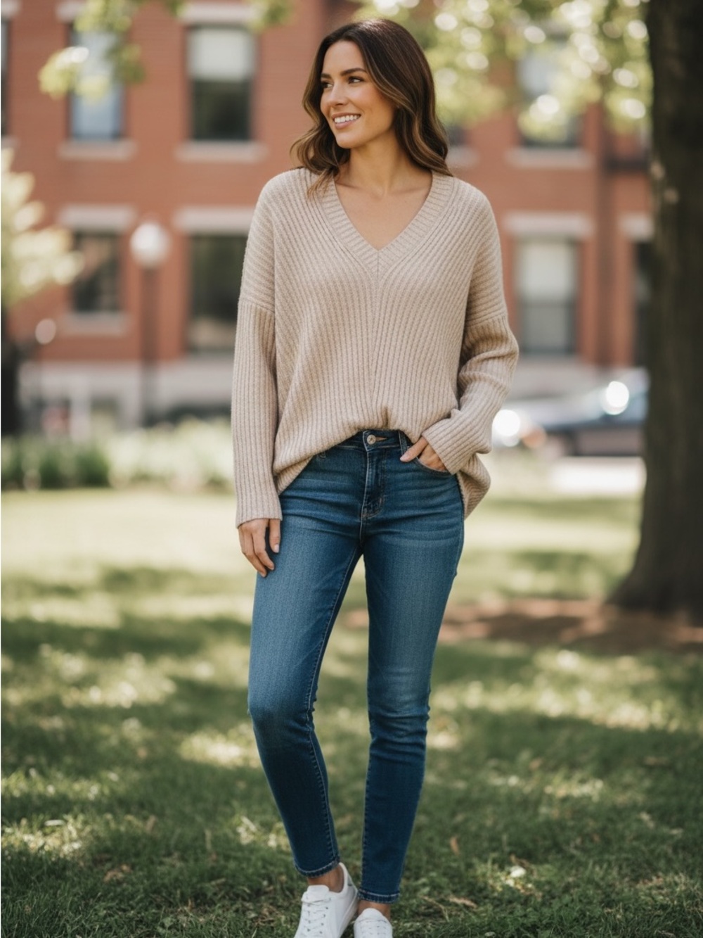 Sonoma Chunky Ribbed V-Neck Sweater - Beige